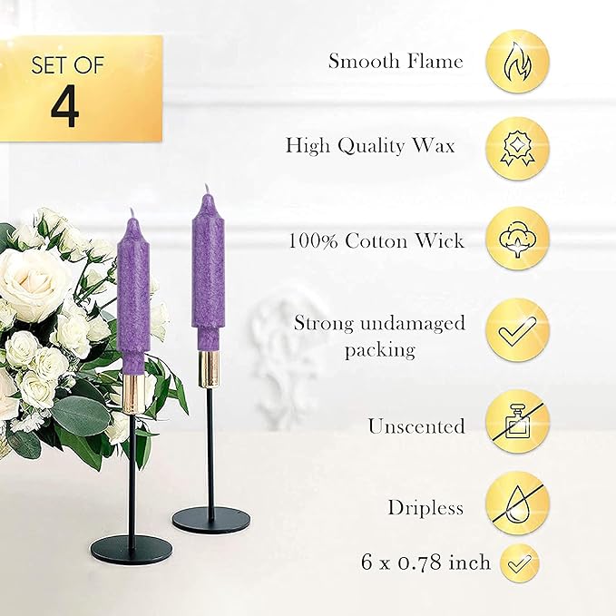 Purple Crystal Short Taper Candle Sticks Dripless Tapered Candles for for Holiday Wedding Party Wax Unscented Dinner 6 inch Set of 4