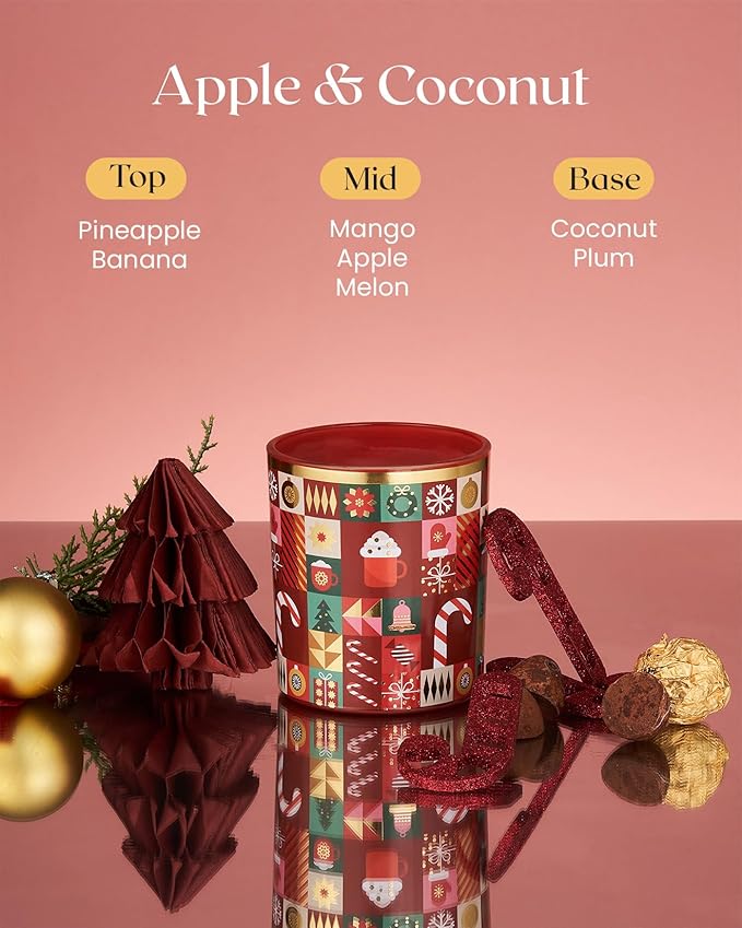M&SENSE Candy Cane Apple & Coconut Scented Holiday Candle for Christmas, 9.9oz 55Hours Burn Time Fruit Scent Cotton Wick Clean Non Toxic Natural Soy Wax Candle for Spa Yoga Meditation