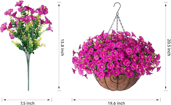Artificial Fake Hanging Flowers Plants Baskets for Outdoor Spring Summer Decoration, Faux Silk Morning Glory in Planter UV Resistant Realistic for Home Outside Porch Patio Balcony Garden Yard, Fuchsia