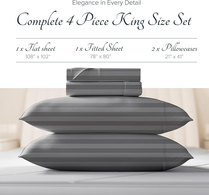 Carressa Linen Egyptian Cotton Sheets - 1500 Thread Count 4 PC King Sheet Set Egyptian Cotton, Luxury Damask Sheets King Size, Silky Soft, Cooling Deep Pocket Sheet, Fits Upto 19" - Dark Grey Stripe