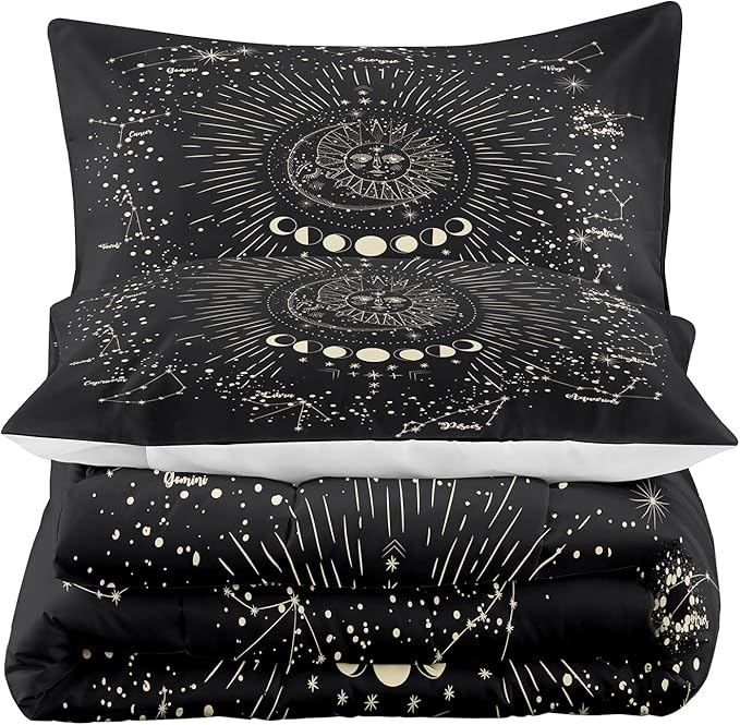 Tailor Shop Bohemian Sun and Moon Comforter Set for Adults Girls Kids Black Grey Luxury Constellation Comforter Decor Sun and Moon Galaxy Bedding Sets Queen Size Whit 1 Comforter 2 Pillowcases,07…
