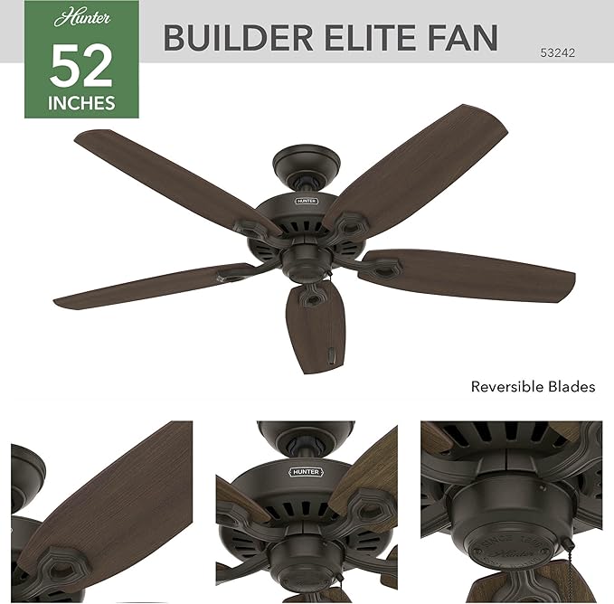 Hunter 52 inch Indoor Ceiling Fan No Light with Pull Chain - Bronze Ceiling Fan without Light, Standard Mount, 5 Blades, For Bedroom, Living Room, or Kitchen - Builder Elite 53242, New Bronze