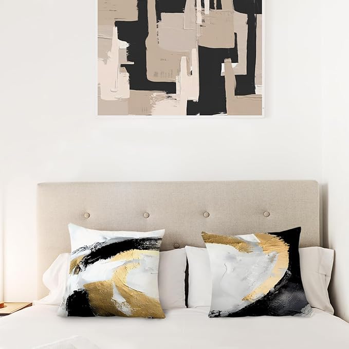 Abstract Black White and Gold Pillow Covers 22x22 Set of 2 - Modern Pillow Covers, Modern Home Decor, Black and Gold Decorative Pillows Cover for Couch Living Room Bedroom