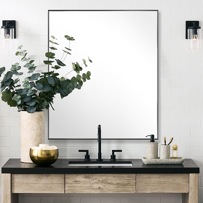 30x36 Inch Black Bathroom Mirror for Wall, Aluminum Frame Rectangle Rectangular Vanity Mirror, Modern Large for Bedroom, Living Room, Horizontal or Vertical