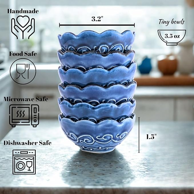 Handmade Decorative Turkish Ceramic Bowl Set of 6, Blue Pinch Bowls for Dipping&Serving - Small Versatile and Unique Charcuterie Accessories, Mini Sauce Dish, Floral Pattern Snack Bowls