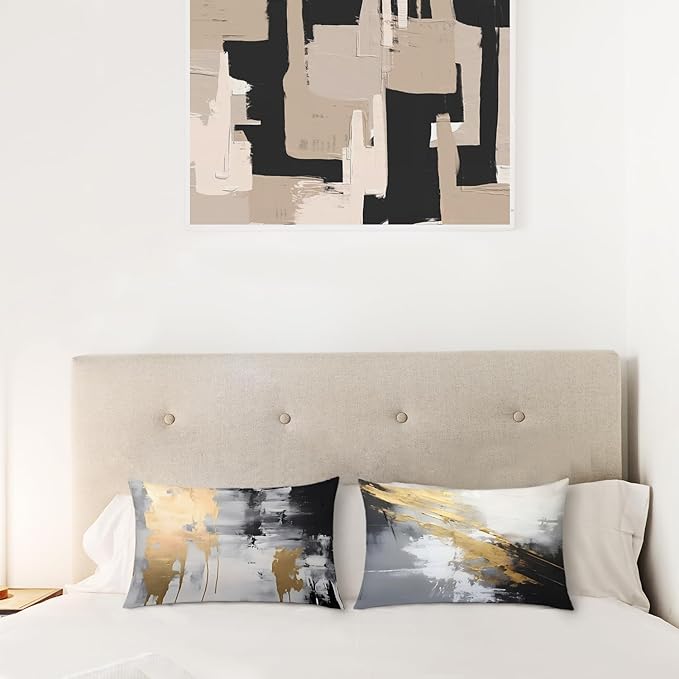 Black and Gold Pillow Covers 12x20 Set of 2, Abstract White Modern Covers for Couch Bed Living Room