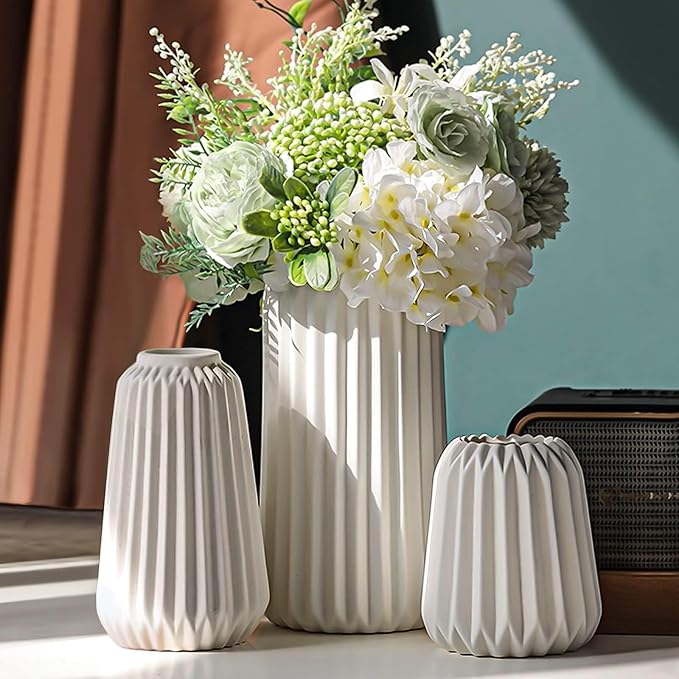 Ceramic Vases Set of 3-White Vase for Modern Home Decor, Flower Vases for Aesthetic Room Decor,Boho Decor Wedding Dinner Table Party Office Centerpiece Table Decorations (White 3 Set)