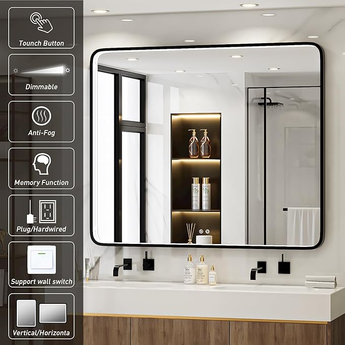 43X36 Inch Black LED Bathroom Mirror with Lights,Metal Frame Lighted Vanity Mirror,Anti Fog,Dimmable(Horizontal/Vertical)