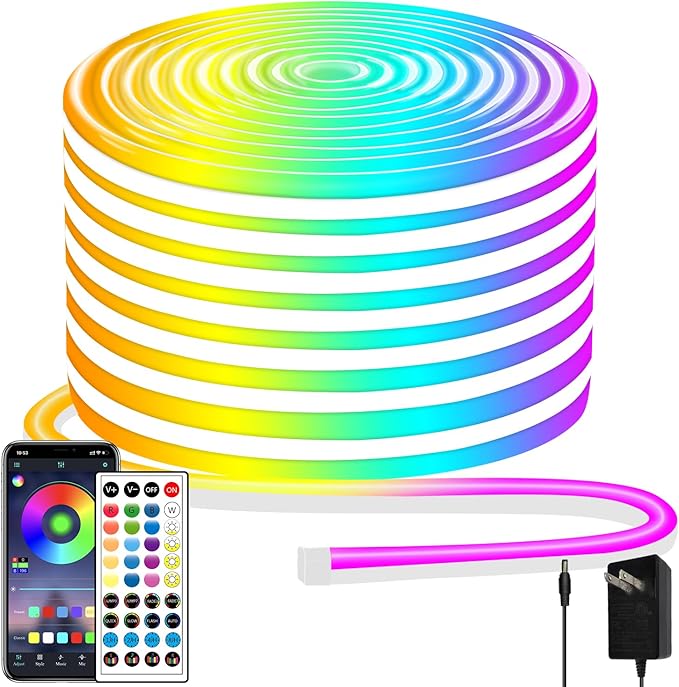 50ft Neon Rope Light, 24V RGB LED Strip Lights, Multi-Color, Music Sync, Dimmable, Remote/APP Control, Flexible DIY Design for Bedroom Indoor Outdoor