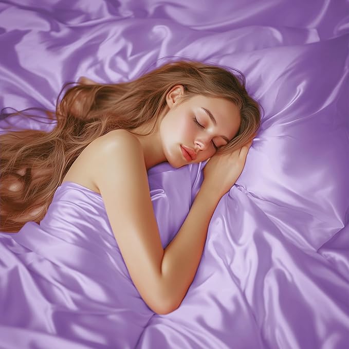 Love's cabin Full Size Satin Sheet Sets - 4 Piece Lavender Silky Sheet Set with Deep Pocket, Luxury Silk Feel Satin Sheets Full Bedding Set (1 Flat Sheet,1 Fitted Sheet,2 Pillow Cases)