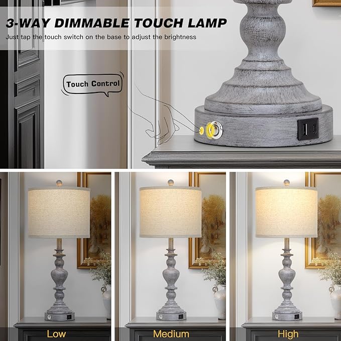 27" Tall Table Lamps for Living Room, 3-Way Dimmable Touch Control Farmhouse Vintage Table Lamps Set of 2 with USB C+A Ports and AC Outlets, Rustic Bedside Nightstand Lamp for Bedrooms Office Grey