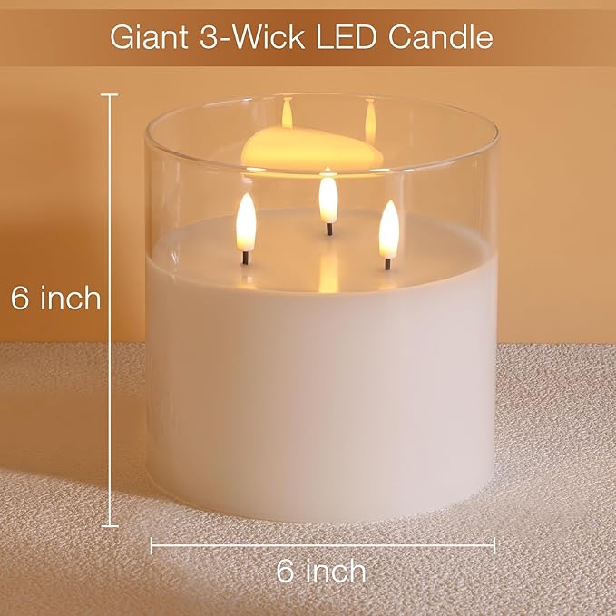 Eywamage 3 Wick Clear Glass Flameless Candle with Remote, Large Flickering LED Battery Pillar Candle Φ 6" H 6"