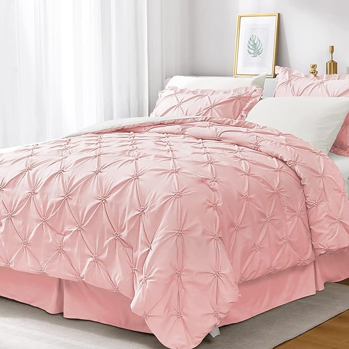 JOLLYVOGUE Pink/Ivory Cal King Size Comforter Sets 7 Pieces, Pintuck Bed in a Bag Comforter Set for Bedroom, Bedding Comforter Sets with Comforter, Sheets,Ruffled Shams & Pillowcases