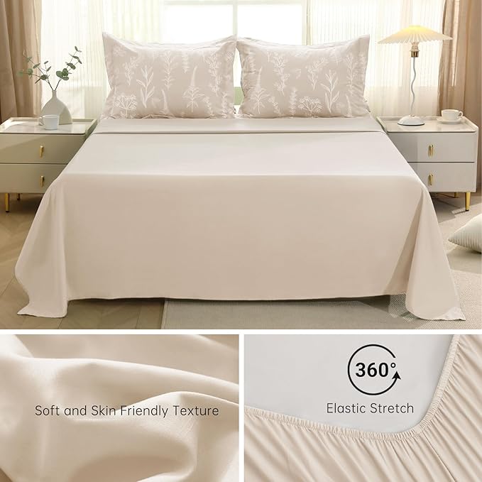 MUXHOMO Beige Full Comforter Set, Elegant Floral Print Bed in a Bag 7 Pieces, Ultra Soft & Breathable Reversible Botanical Pattern Bedding Set with Comforter, Sheets, Pillowcases, and Shams