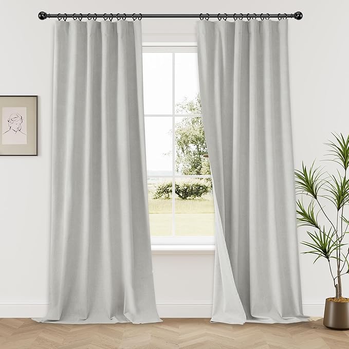 KangBang Linen Blackout Curtains 108 Inch Length for Living Room 2 Panels Set Back Tab Loop Pocket Drapes Light Grey UV Protection Curtains for High Window Vertical 9 FT Tall 52 by 108