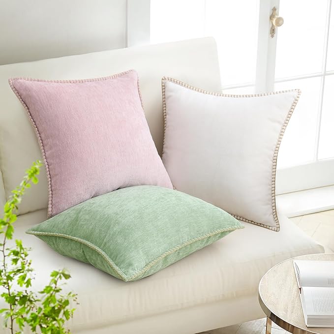 decorUhome Chenille Soft Throw Pillow Covers 12x20 Set of 2, Lumbar Velvet Farmhouse Neutral Decorative Euro Pillow Covers with Stitched Edge for Couch Sofa Bed Home Decor, Blush Pink