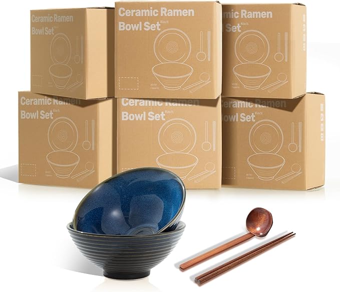 8 Inch Ceramic Ramen Bowl Set of 2, 40oz Japanese Bowls with Spoons & Chopsticks,Durable,Microwave & Dishwasher Safe,Perfect for Ramen,Pho,Salad,Soup,Noodles，Mixing bowls（Blue Topaz）