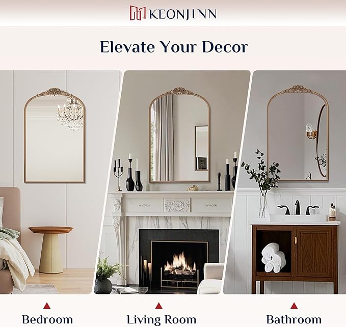 Keonjinn Vintage Gold Mirror 20" x 30", Arched Decorative Mirrors for Wall Decor, Antique Mirror Bathroom, Ornate Baroque Brass Mirror for Mantle, Entryway, Living Room, French Cleat Mounting