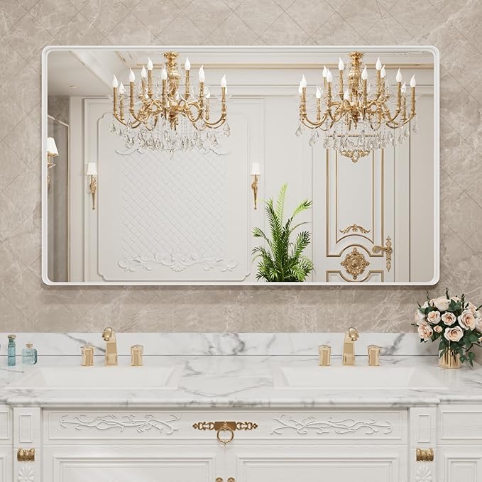 LOAAO 50x30 Inch White Metal Framed Bathroom Mirror for Wall, White Bathroom Vanity Mirror Farmhouse, Large Rounded Rectangle Mirror, Anti-Rust, Tempered Glass, Hangs Horizontally or Vertically