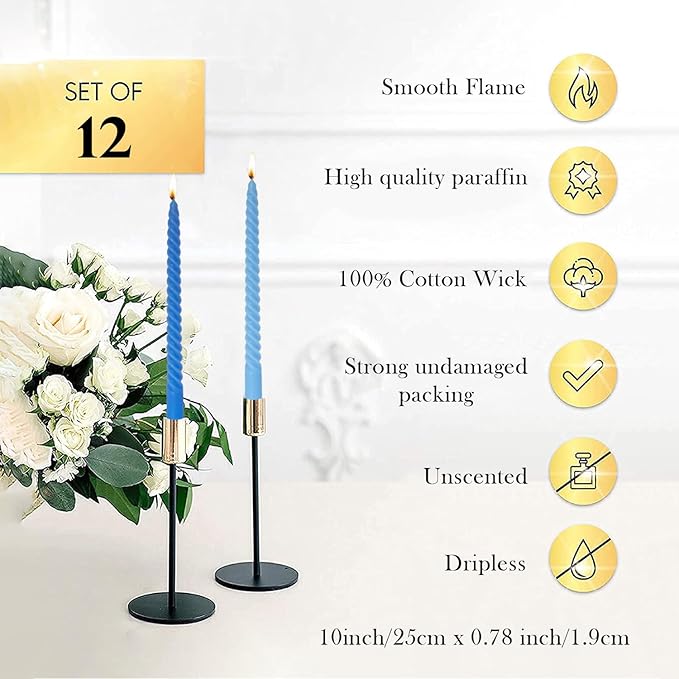 Taper Candle Blue Spiral Candle Sticks,Unscented Pastel Candle for Holiday,Wedding and Home Decoration,10inch,12 Pack(E-Gradient Blue)