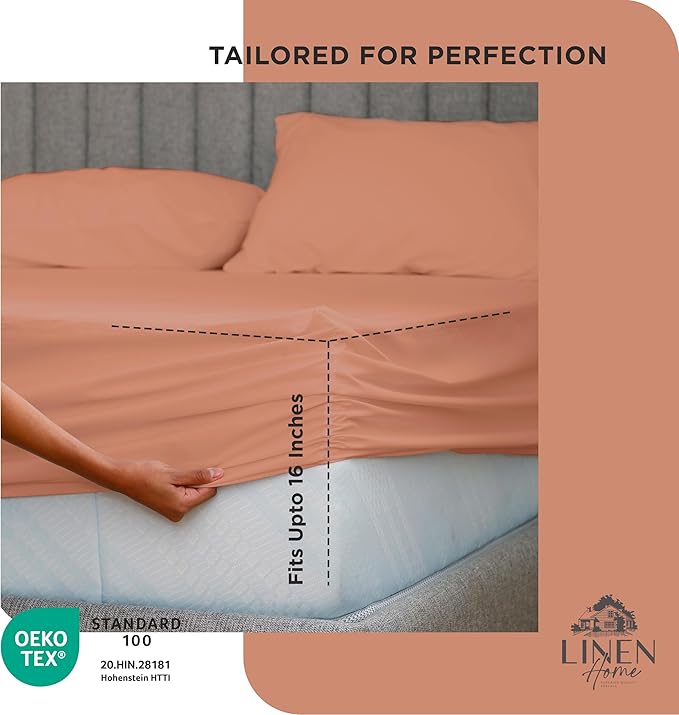 Linen Home 100% Cotton Percale Weave Fitted Sheet, King Size, Tera Clay, 1 Deep Pocket Fitted Sheet, Fits Mattress Upto 16" Crisp and Cool Strong Bed Linen, 78"X80"+15"