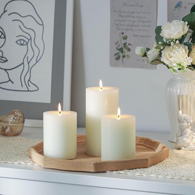 3x4 Inch White Pillar Candles Set of 3 - Decorative Unscented Pillar Candle, Long Burning Dripless Candles for Table Decor, Smokeless Large Pillar Candle for Wedding, Dinner, Rustic Home Decor