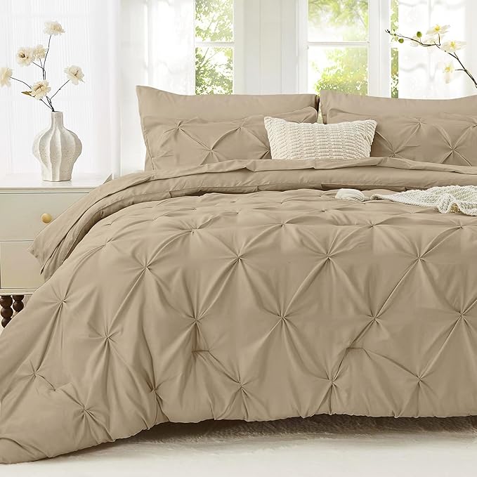 Sasttie Queen Comforter Set, 7-Piece Bed in a Bag, Pintuck Bedding Sets for All Season, Includes Comforter, Flat Sheet, Fitted Sheet, Pillowcases and Pillowshams, Dark Linen