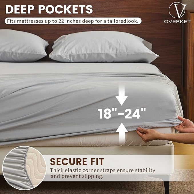 100% Linen Sheet Set Cal King Size Extra Deep Pocket Fits 18-24 Inch Mattress, Breathable & Soft, Smooth 6-Piece Set for Thick Mattresses Hotel Luxury Bedding（Cal King, Grey）