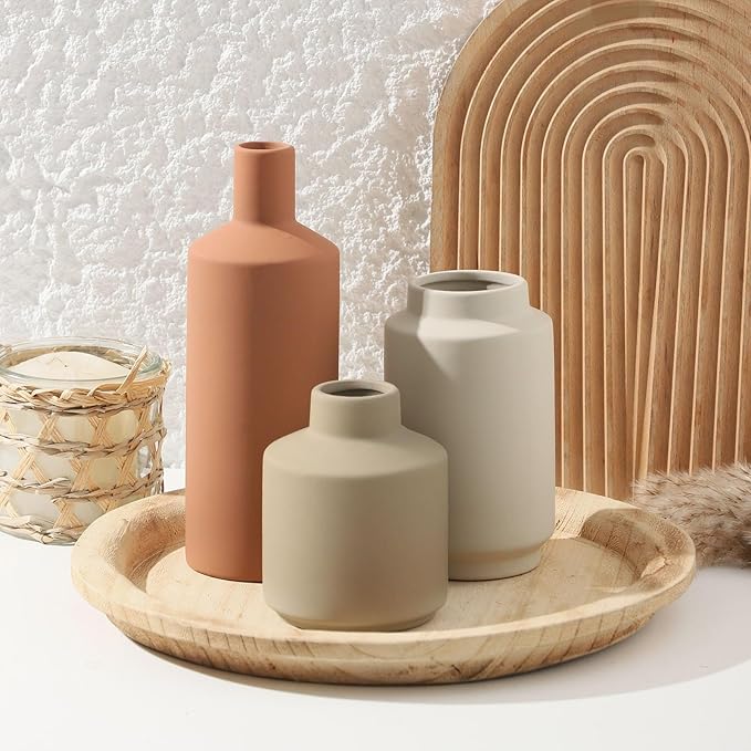 Ceramic Vase Set of 3, Modern Decorative Vases for Home Decor, Small Flower Pottery Vase Sets, Boho Farmhouse Rustic Vases for Living Room, Kitchen, Bedroom, Bathroom, Shelf, Table