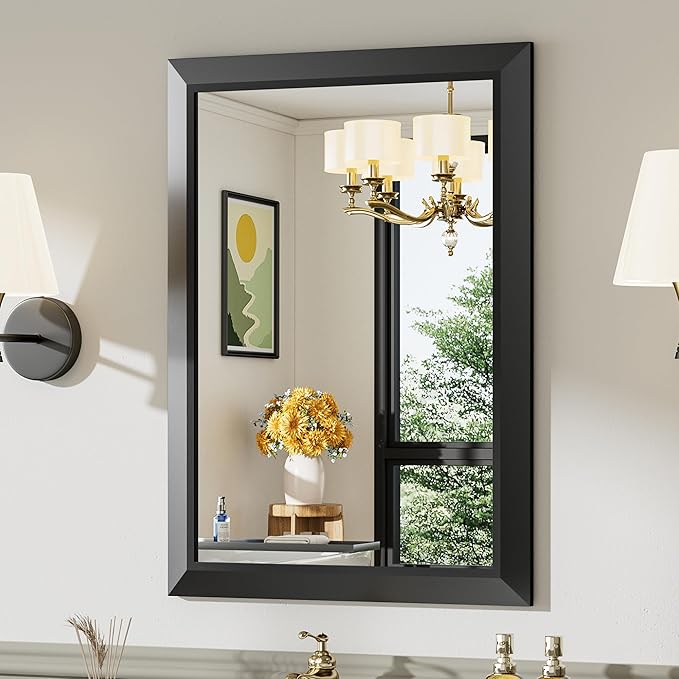 22x30 Inch Black Bathroom Mirror for Wall, Thick Metal Framed Rectangle Mirrors for Over Sink, Bedroom, Living Room, Entryway, Anti-Rust, HD Tempered Glass