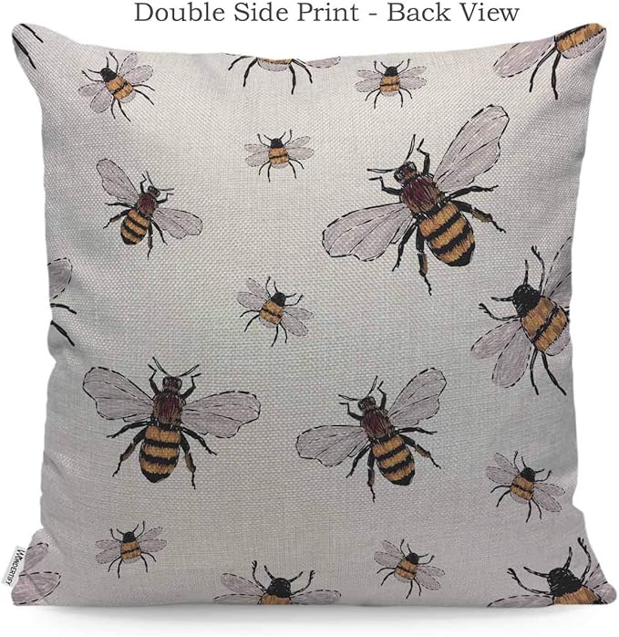 WONDERTIFY Throw Pillow Case Cover Insects Embroidery Big Honey Bee and Small Funny Bee - Soft Linen Pillow Case for Decorative Bedroom/Livingroom/Sofa/Farm House - Cushion Covers 18x18 Inch 45x45 cm