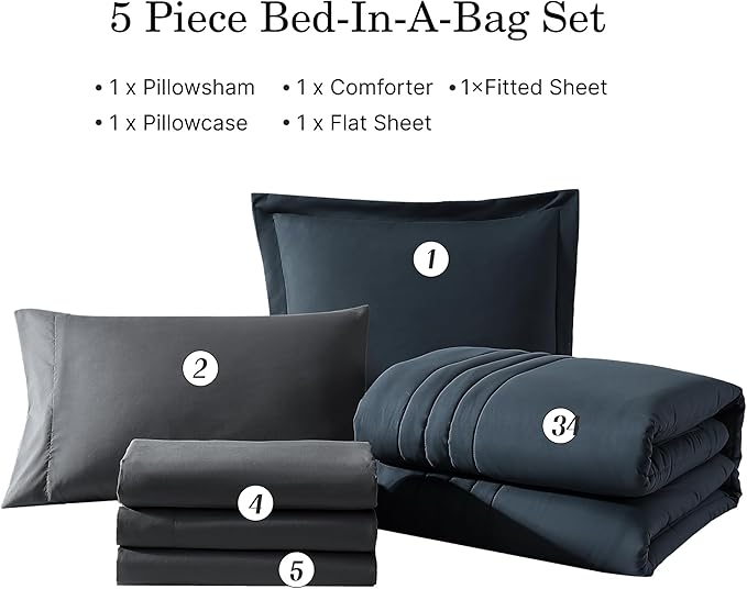 Monbix Twin XL Size Comforter Set - Extra Long 5 Pieces Dorm Bedding Sets, Quilting Design Fluffy Bed in a Bag Twin XL with Sheets, Pillowcase & Sham(Blue Grey)