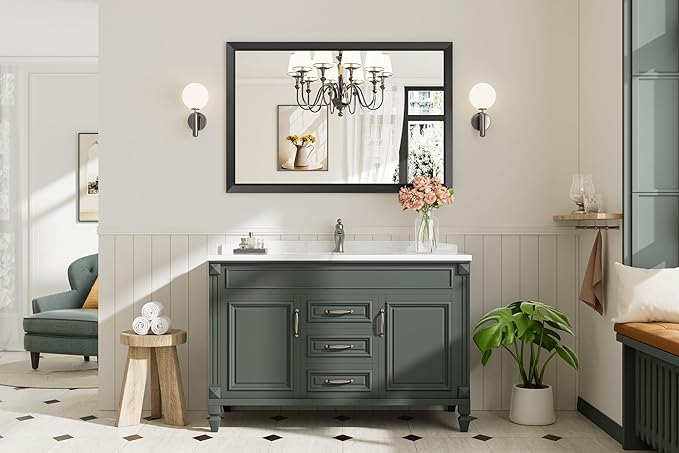 48x32 Inch Black Bathroom Mirror for Wall, Thick Metal Framed Rectangle Mirrors for Over Sink, Bedroom, Living Room, Entryway, Anti-Rust, HD Tempered Glass