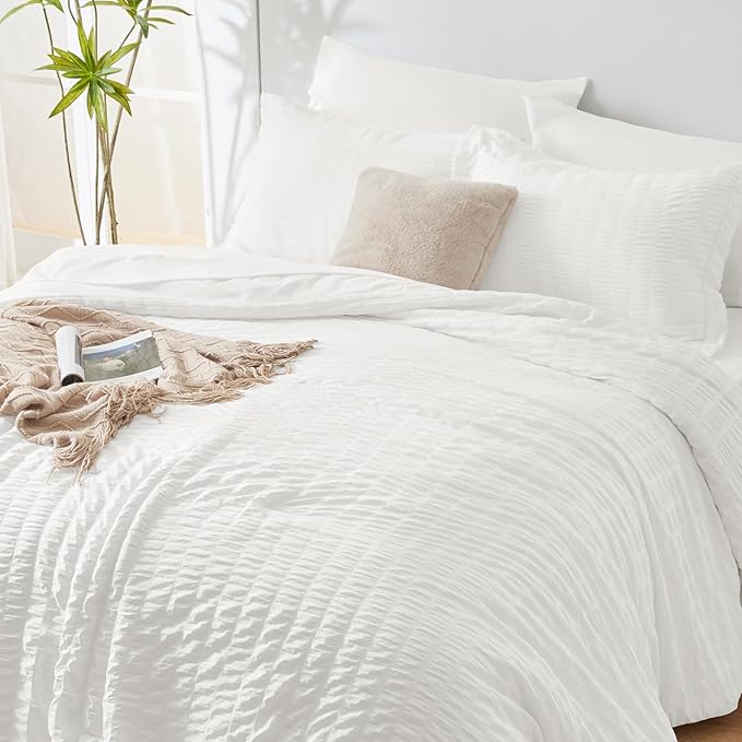 CozyLux Twin Comforter Set with Sheets 5 Pieces, White Seersucker Textured Bed in a Bag for Girls, Luxury Soft Bedding Set with Down Alternative Comforter, Sheets, Pillowcases & Shams for All Seasons