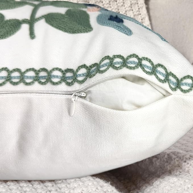 Alysheer Floral Embroidered Summer Lumbar Decorative Throw Pillow Cover 12"x 20", Farmhouse Cottage Navy Blue Green Flowers Leaves Patterned Cotton Canvas Cushion Case for Sofa Couch Bed Living Room