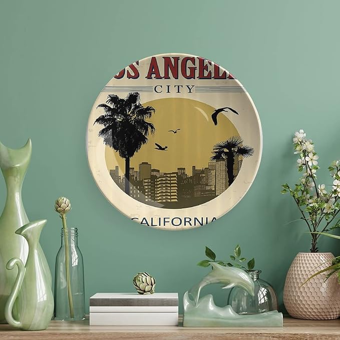 XISUNYA 6 Inch Decorative Plate, Vintage Tableware Plate, Los Angeles City from California Birds Vacation Journey Design Print Ceramic Wall Hanging for Home Office Party Dinner Table Decor