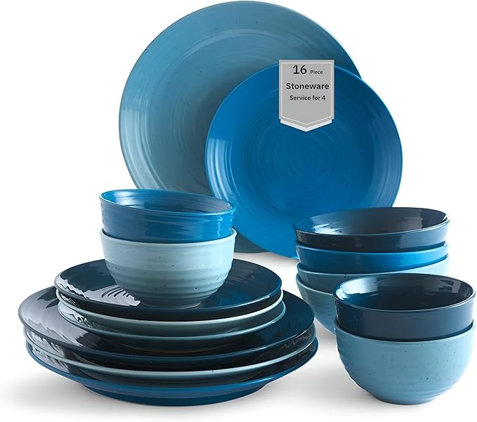 Sango Siterra Artist's Blend 16-Piece Stoneware Dinnerware Set – Service for 4, Ocean Blue Glossy Glaze with Unique Speckled Design, for Everyday Dining & Entertainment, Microwave & Dishwasher Safe