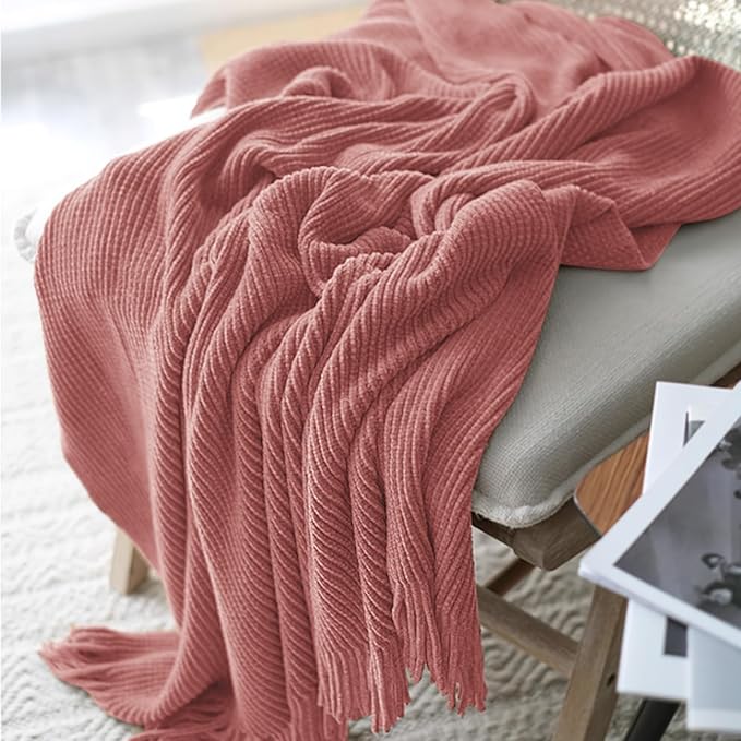 inhand Coral Pink Throw Blanket for Couch Bed,Chunky Chenille Woven Soft Warm Christmas Blankets Gifts for Women with Tassels, Cozy Boho Farmhouse Fall Winter Decor,60"x80",Medium Thick