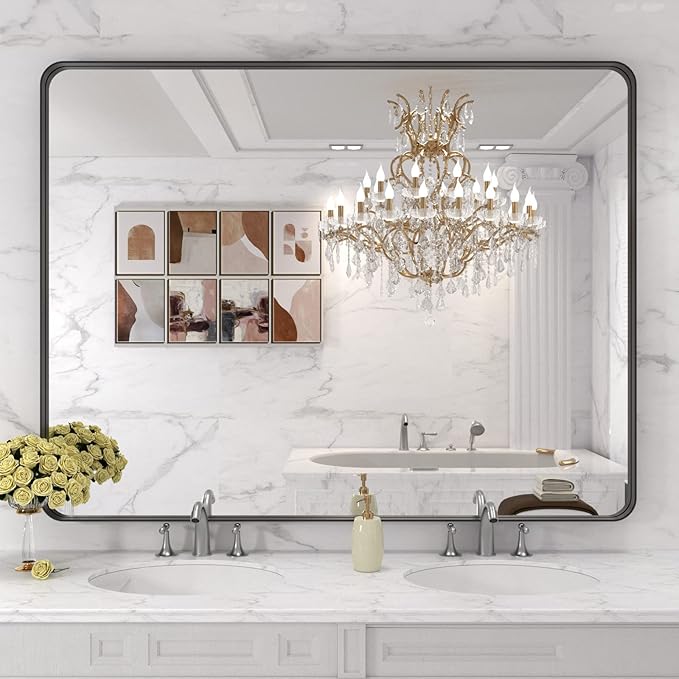 LOAAO 48x36 Inch Black Metal Framed Bathroom Mirror for Wall, Matte Black Bathroom Vanity Mirror Farmhouse, Large Rounded Rectangle Mirror, Anti-Rust, Tempered Glass, Hangs Horizontally or Vertically