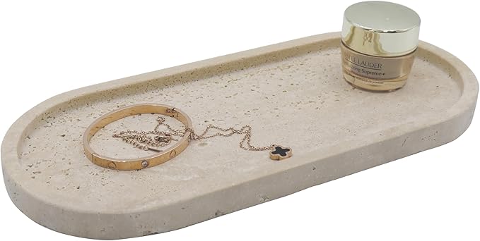 Natural Marble Tray, Oval Vanity Decorative Tray for Bathroom Counter, Countertop Stone Organizer, Catchall Tray for Kitchen, Perfume, Candles, Jewelry Dish Decorative Tray