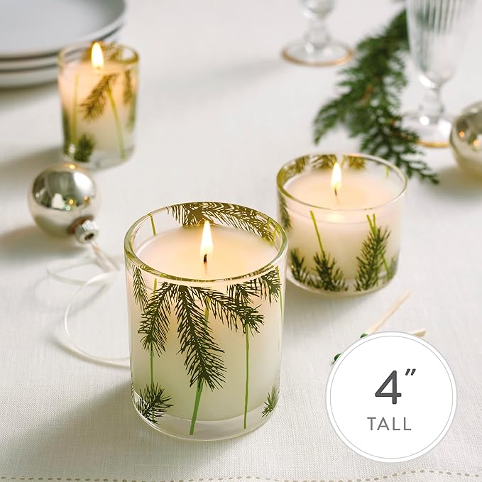 Thymes Frasier Fir Candles - Statement Collection - Silver with Pine Needle Design - Scented Candles for Home Decor - Notes of Siberian Fir Needles, Cedarwood & Sandalwood - Large 4 Wick (40 oz)