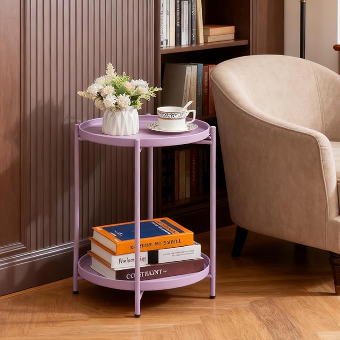 HollyHOME 2-Tier Round Side Table, Outdoor Small Folding Accent Stand with Removable Tray, Anti-Rust Metal Asional Table for Balcony Patio Living Room, Nightstand for Bedroom(Purple)