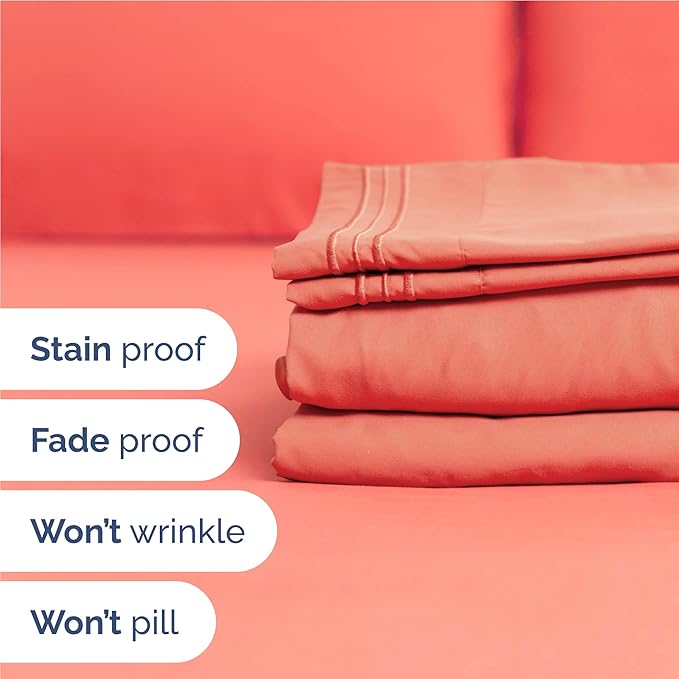 Full Size 4 Piece Sheet Set - Comfy Breathable & Cooling Bed Sheets Set - Hotel Luxury Bedding for Women, Men, Kids, Teens, Boys & Girls - Deep Pockets, Ultra-Soft and Wrinkle Free - Oeko-Tex - Coral