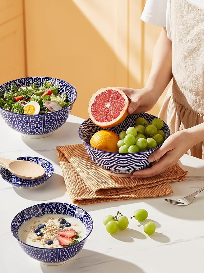 Salad Soup Bowls, Blue and White Serving Bowls for Pho, Pasta Rarmen, 48 Oz Large Ceramic Bowls for Kitchen, Set of 3, Microwave & Dishwasher Safe