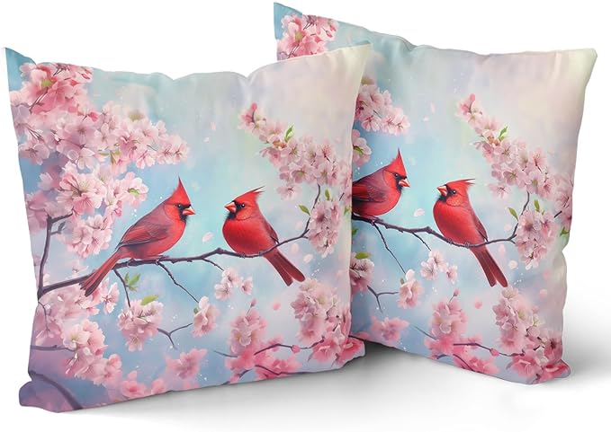 Giwawa Spring Birds Pillow Covers Set of 2, Cherry Blossom Floral Cushion Covers 20x20in, Watercolor Flowers Soft Cotton Throw Pillow Cases for Sofa Couch Patio Bedding Seasonal Decoration