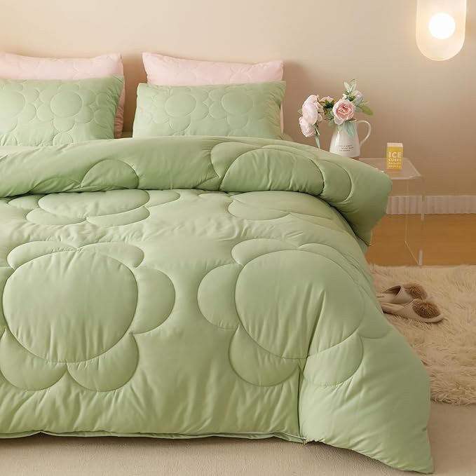 KAREVER Sage Flower Comforter Full Green Sunflower Print Bed Full Comforter Set 3 Pieces Green Floral Comforter Set for Boys Girls Teens Bedroom Decor All Season Hotel Quality Comforter Set