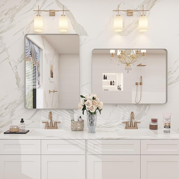 16x24 Inch Brushed Nickel Bathroom Mirror, Rounded Rectangle Silver Metal Frame Mirror, Silver Bathroom Vanity Mirror, Anti-Rust, Hangs Horizontally or Vertically