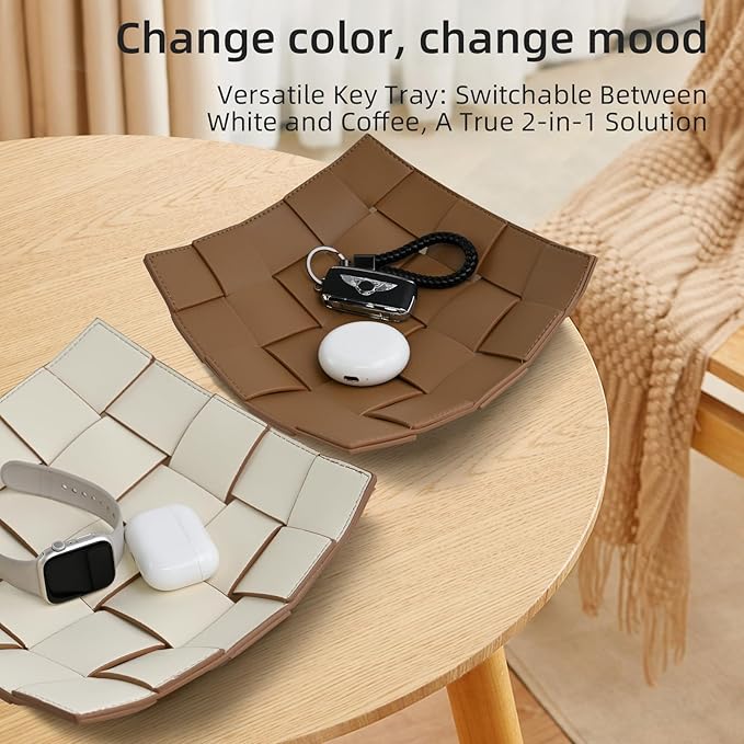 Valet Tray PU Leather Key Bowl for Men Women Entryway Table Nightstand Catchall EDC Dump Tray for Wallet, Keys, Jewelry Men's Gift - Coffee & White, 9.8" L x 9.8" W x 2" H