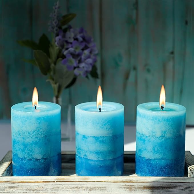 3x4 Inche Pillar Candles Ocean Scented Aromatherapy Candles Long Lasting Burn Blue Mottled 3-Layered Candles for Home Scented, SPA, Restaurant, Set of 3, Immeiscent