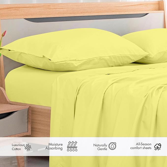 Royale Linens 300 Thread Count 100% Long Staple Combed Cotton Flat Sheet - Super Soft - Top Sheets - Full Flat Sheet Sold Separately - Breathable, Cool & Crisp Percale Sheets Only (Full, Yellow)